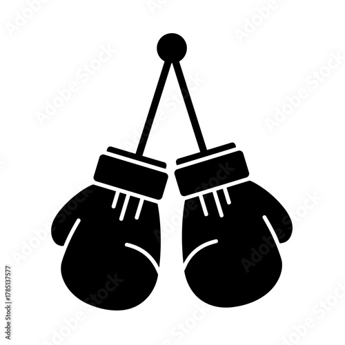Two boxing gloves hanging from a hook in black silhouette against a white plain background image view icon