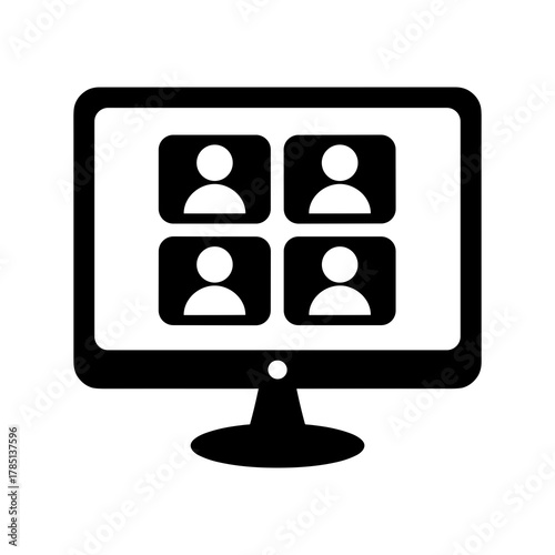 Black monitor displaying four video call participants in a grid arrangement on a white background screen icon
