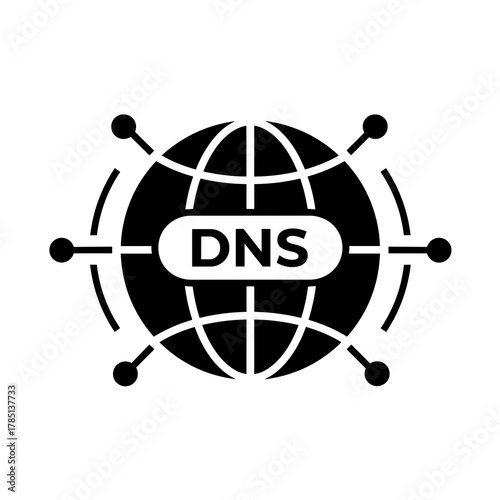 Illustration of a black globe with dns text and connections emanating from the sphere design art icon