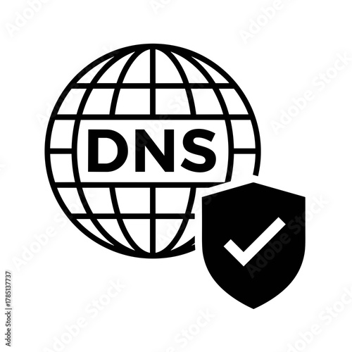 Globe grid with dns letters and a shield with a checkmark representing network security icon icon