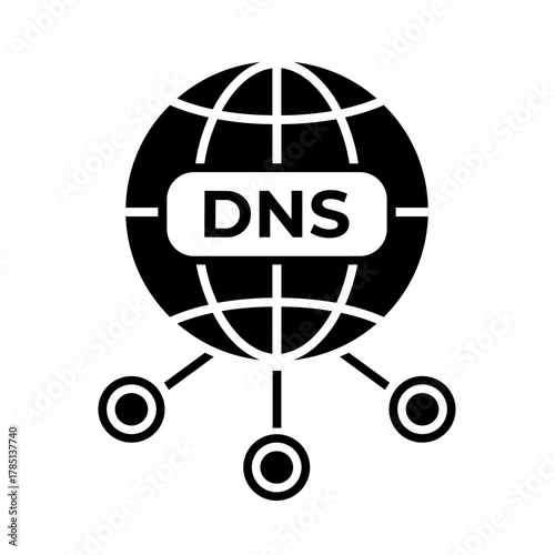 Illustration of a global network with dns represented in a simple and clean black and white design icon