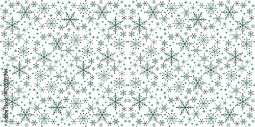 White green ornamental seamless pattern of snowflakes. Winter seasonal snowfall background. Snowflakes with six rays. Christmas decor classic colors
