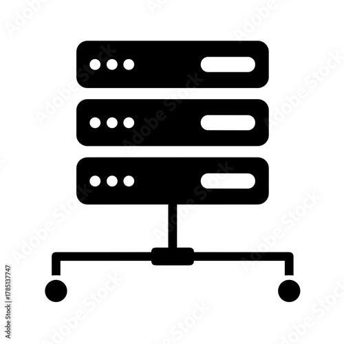 Illustration of a black server rack with three stacked servers and network connections at the bottom icon