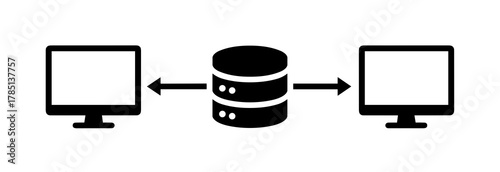 Two computers communicating with a central database server via bidirectional arrows exactly icon