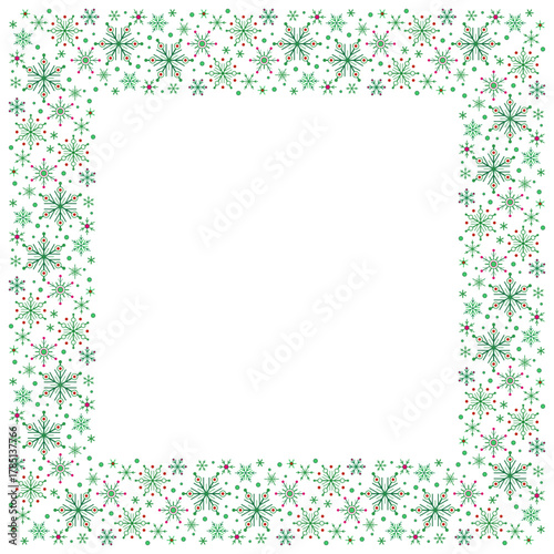 Christmas square frame of bright green snowflakes. White green pattern of snowflakes. Winter seasonal snowfall background. Classic Christmas decor