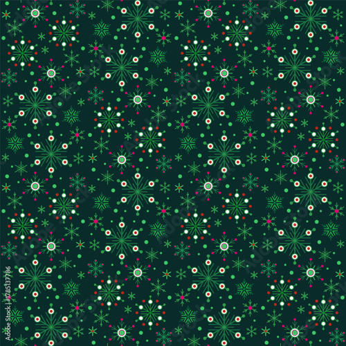 Dark seamless pattern of bright green snowflakes. Winter seasonal snowfall background. Snowflakes with six rays. Christmas decor in classic colors