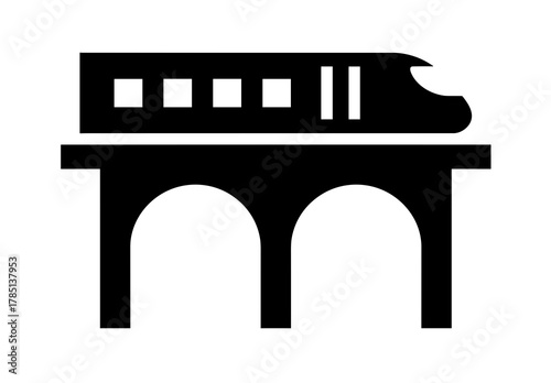 Illustration of a train on a bridge with arches in black and white simple and clean design style icon