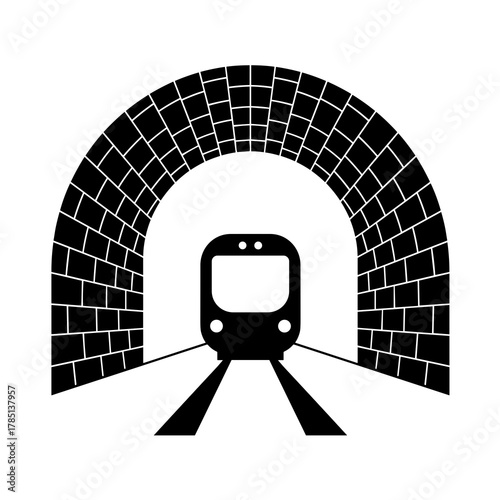 A train emerging from a brick tunnel with tracks leading into the darkness of the tunnel ahead icon