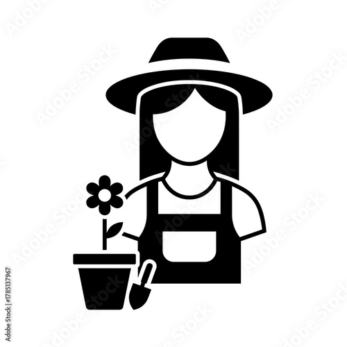 Illustration of a gardener with hat overalls flower pot and shovel in a solid black and white design style icon