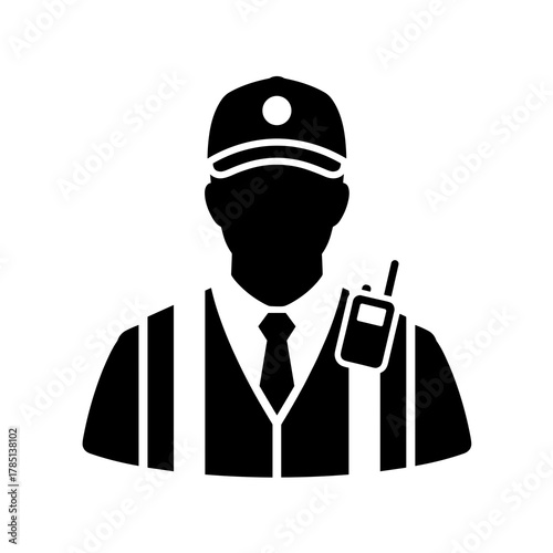 Illustration of a security guard in uniform with a cap and radio on his shoulder in black and white icon