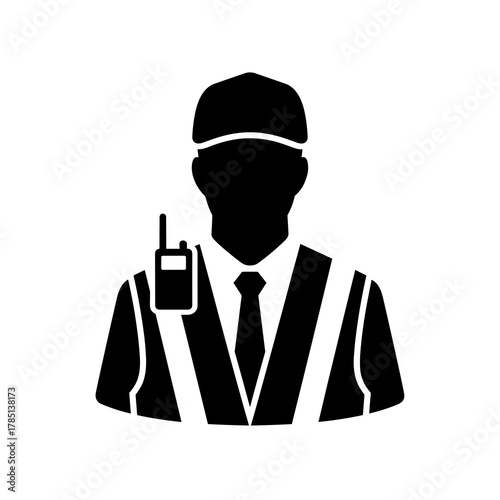 Silhouette of a security guard wearing a vest and hat with a radio on his shoulder icon art icon