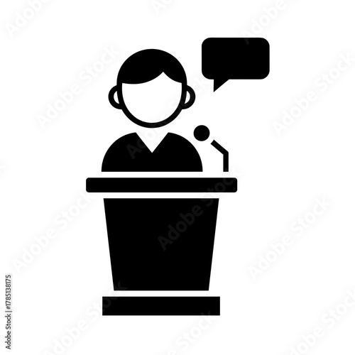 Illustration of a person giving a speech at a podium with a microphone and a speech bubble icon icon