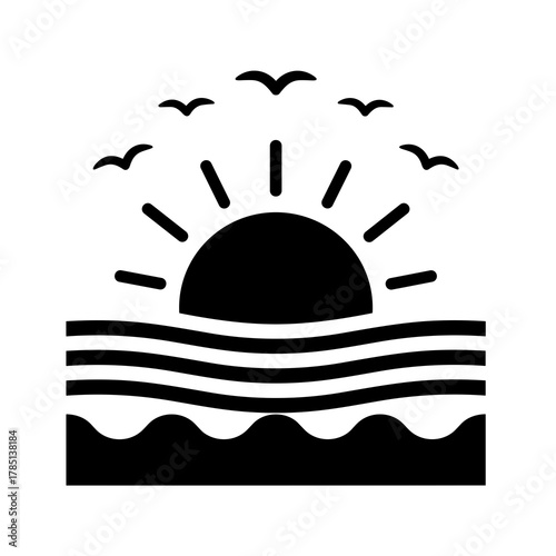 Silhouette of a sun rising over water with birds flying above in a simple black and white illustration icon