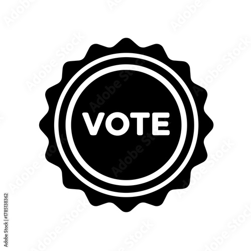 Black rosette with the word vote in white letters encouraging civic participation and democracy now icon