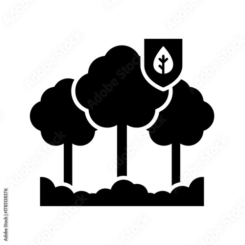 Three trees in a forest with a leaf inside a shield symbol placed on the right side tree top icon