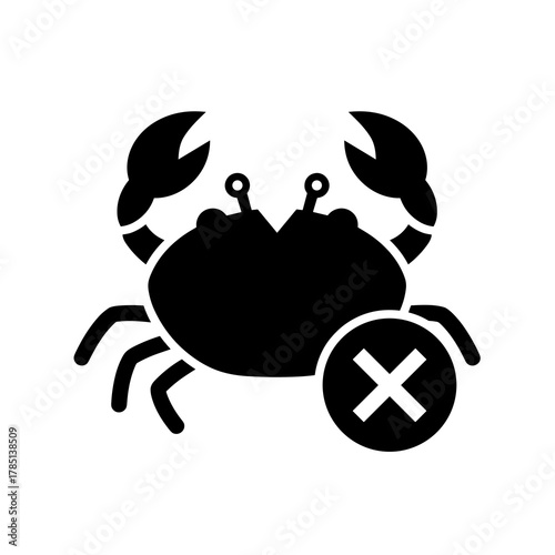 Black crab with claws and legs and a circle with an x symbol on the lower right side of the crab icon
