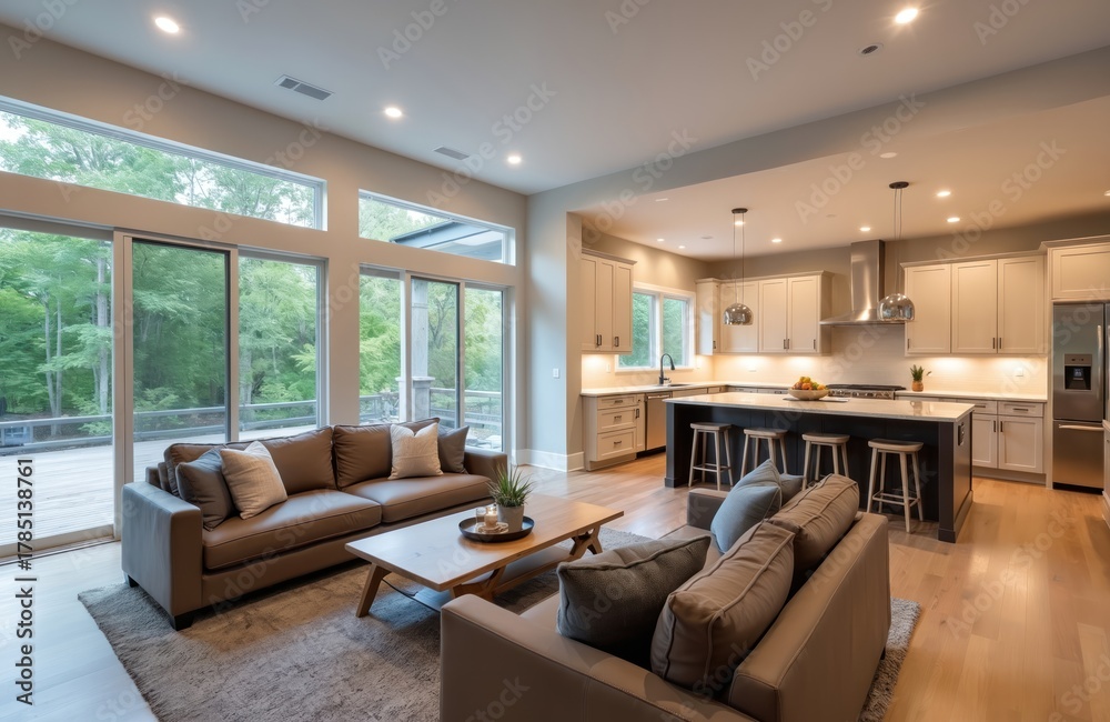 Fototapeta premium Spacious open concept living room and kitchen with large windows overlooking trees. Modern furniture and stainless steel appliances create an upscale, inviting home atmosphere. Hardwood floors gleam.