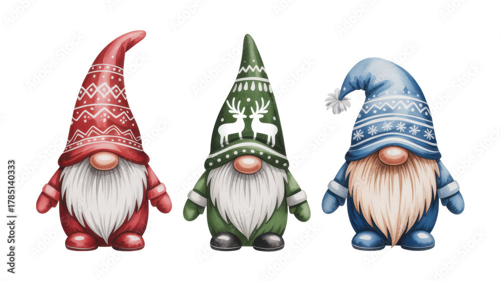 Obraz premium Watercolor christmas gnomes family in hats with scandinavian ornament. Set of nordic magic dwarfs 