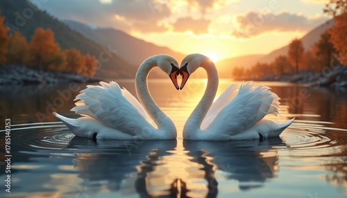 Fototapeta Naklejka Na Ścianę i Meble -  Two white swans form heart shape with necks on lake at sunset. Birds reflect in water. Autumn trees, mountains in background. Romantic wildlife scene.