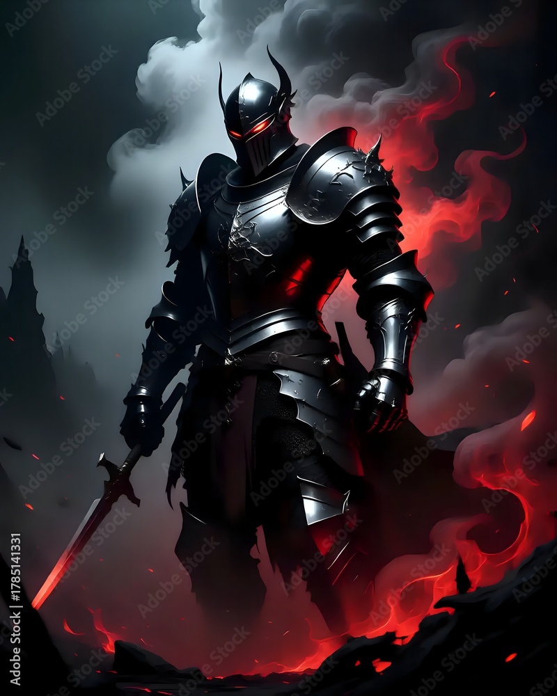 Fototapeta premium Dark Fantasy Knight in Black Horned Armor Surrounded by Red smoke and Glowing Eyes