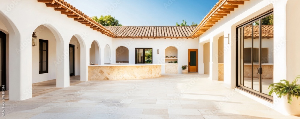 Naklejka premium Mediterranean Courtyard White Arches, Stone Tile and Blue Sky, architectural design, outdoor living