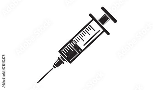 Simple black and white illustration of a medical syringe and needle