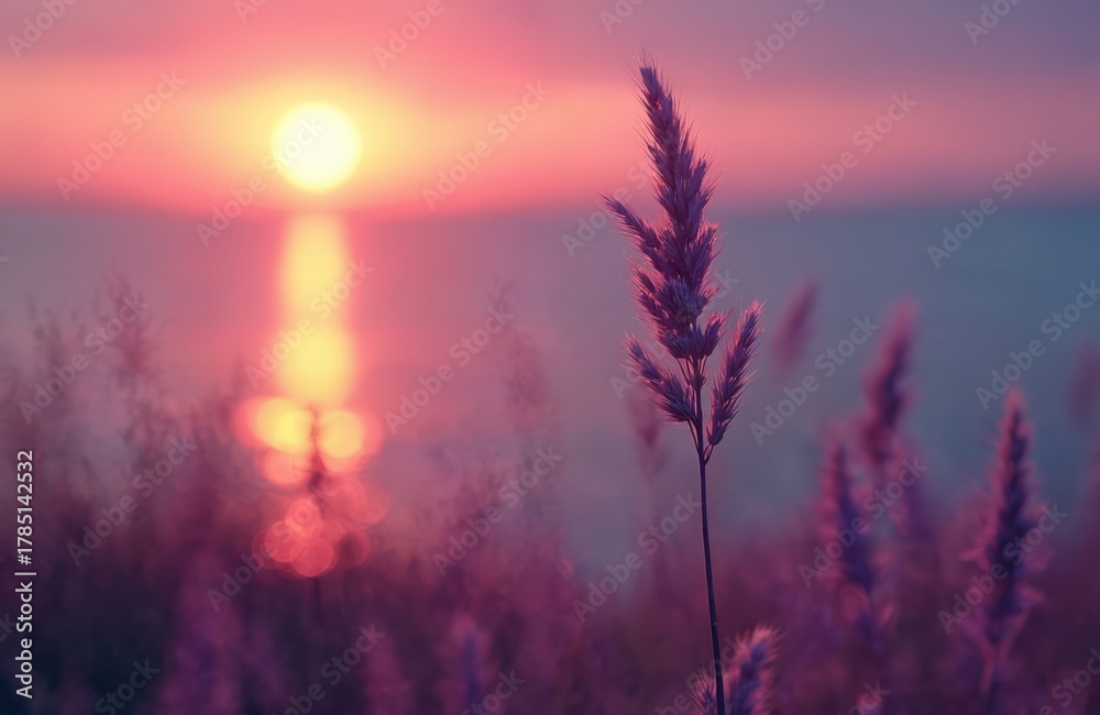 Fototapeta premium Delicate grass stalk foreground against soft pink sunset sky over calm ocean. Sun reflects on water creating bokeh effect. Peaceful nature scene, quiet evening.