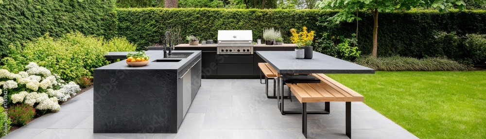 Naklejka premium Modern Outdoor Kitchen with BBQ Grill, Stone Countertops and Green Garden, Outdoor living, Backyard design