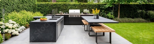 Modern Outdoor Kitchen with BBQ Grill, Stone Countertops and Green Garden, Outdoor living, Backyard design