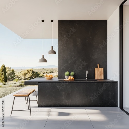 Modern Outdoor Kitchen with Black Counter and Landscape View, kitchen design, architecture