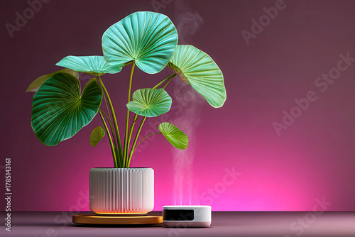 Lush green plant with textured leaves beside an elegant diffuser, creating a calming atmosphere in soft pink light
