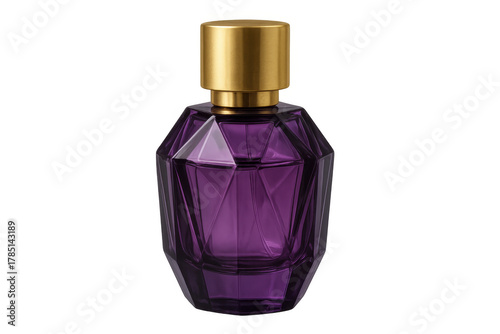 Purple faceted glass perfume bottle with gold cap showcasing luxury fragrance and beauty products, transparent background