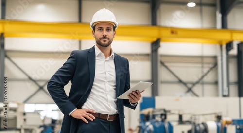 Man in suit and hard hat holding tablet stands in factory with yellow overhead crane in the background