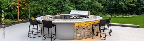 Outdoor Circular Kitchen Island with Stone Accent and Grill, BBQ , Patio