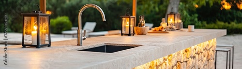 Outdoor Kitchen Counter with Sink, Lanterns and Stone Detail , outdoor kitchen , counter design