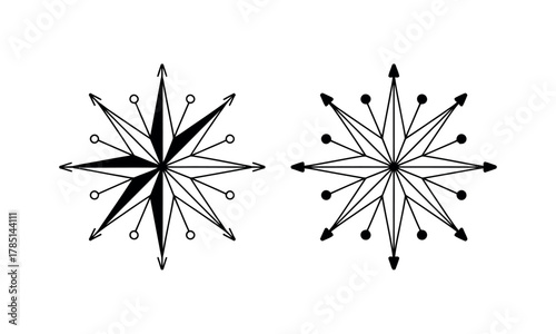 Two stylized compass roses are displayed side-by-side, one in black and white, the other outlined.