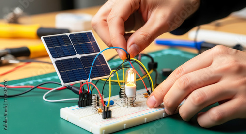 Hands connecting solar panel to bright bulb on breadboard, renewable energy workshop, science concept.