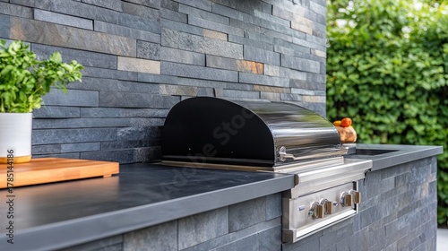 Outdoor Kitchen Design Stone Grill Station with Black Countertop,Grilling ,Outdoor living