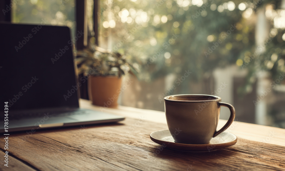 Fototapeta premium Coffee Cup Beside Laptop In Kitchen