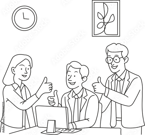  Employee working together at office showing thumbs up vector line art