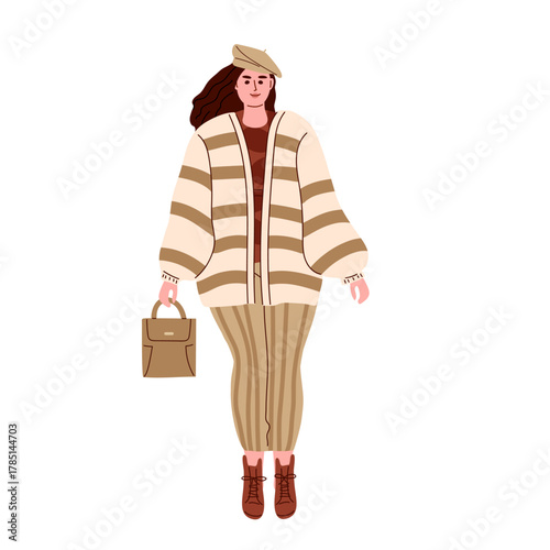 Outfit for overweight girls. Casual clothing for autumn and winter time set. Plump girl stands in fashionable warm clothes with handbag in her hands, modern street style. Flat vector illustration.