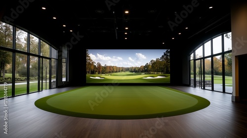 Indoor golf simulator with realistic outdoor view in a modern training facility