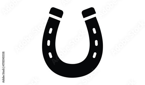 Simple black horseshoe silhouette with nail holes on white background