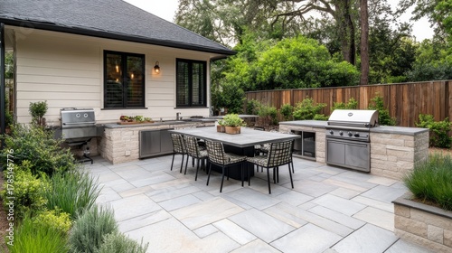 Outdoor Kitchen with Grill and Dining on Stone Patio, landscape design , outdoor living