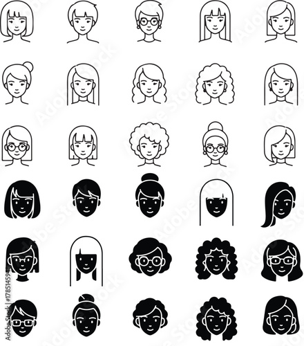 Stylish Women Line Art Icons – Beauty, Expression, and Accessories Collection Female head line icon set. Vector pictograms of beauty lady, sunglasses, earrings, ethnic, scarf, hat, linear illustration