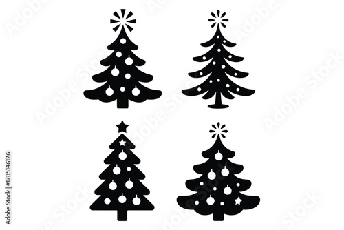 Four stylized Christmas trees are depicted as black silhouettes with white ornaments.