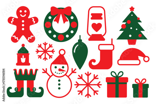 A collection of festive Christmas icons are displayed against a white background.