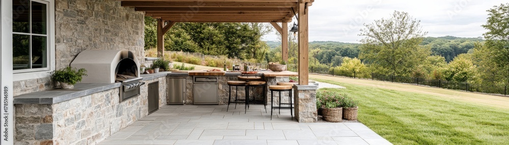 Fototapeta premium Outdoor Kitchen with Stone Oven and Pergola View, cooking, backyard ideas