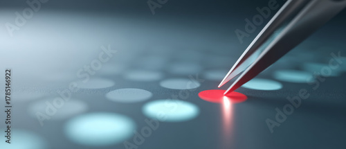 Close-up of precision tweezers selecting a glowing red dot among blue dots on a dark surface, symbolizing focus and accuracy in technology or data analysis