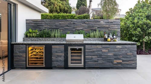 Outdoor Kitchen with Stone Veneer, Wine Fridges,and Granite Countertop, outdoor kitchen, stone veneer